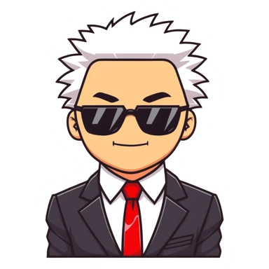 Satoru Gojo character with white spiky hair, black suit, red tie, sunglasses, and confident smirk sticker