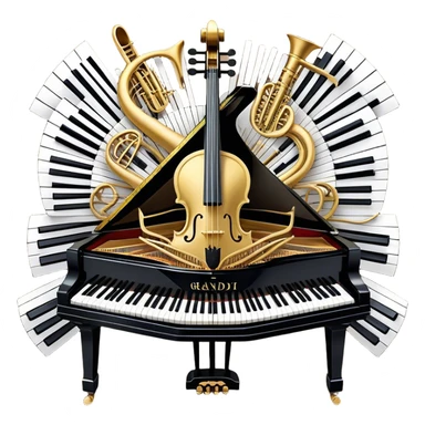 Create a sophisticated and celebratory emoji collage representing keyboard instruments, designed in the style of a coat of arms or crest. The design should feature a central, surrounded by a ribbon of musical notes. The ribbon should intertwine with a second ribbon made of black-and-white piano keys, creating a flowing, symmetrical pattern. Include delicate, elegant details such as the pedals of the grand piano, intricate woodwork, and the glossy, polished surface of the instrument. The musical notes should be swirling around the design in a harmonious, festive arrangement. Use gold, silver, and rich wood tones to evoke a sense of luxury and professionalism, with the black-and-white keys of the piano adding contrast. The background should remain transparent sticker