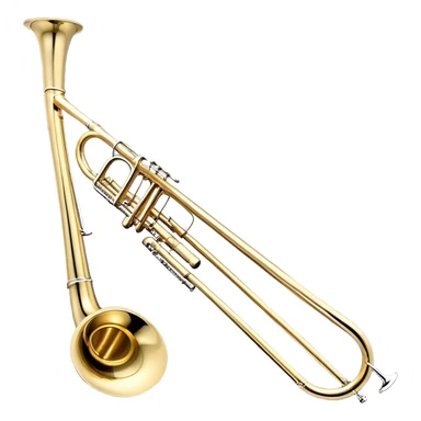 Create a sleek and professional emoji representing the Brahner TB-420 Bb/F tenor trombone. The design should feature the smooth, shiny brass body of the trombone with its distinct curved tubing and large bell. Highlight the tuning slide and the mouthpiece at the top of the instrument. The brass finish should be polished and reflective, with silver accents on the mouthpiece and tuning slide. Add subtle musical notes or soundwaves floating around the trombone to evoke its bold, brassy sound. Use golden and brass tones for the trombone with light reflections to emphasize its high-quality craftsmanship. The background should be transparent. sticker