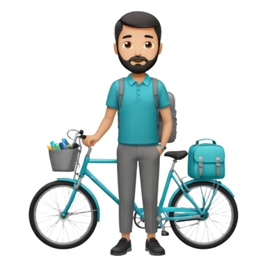 a man with a grey backpack and a torquoise byciycl and he has black shot=rt man hair and a beard with a polo grey shirt and dress pants sticker