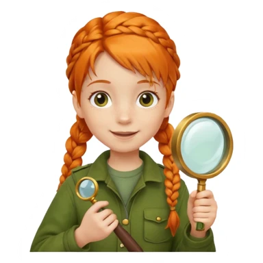braid orange haired girl kid in moss green explorer outfit, holding magnifying glass, smile sticker