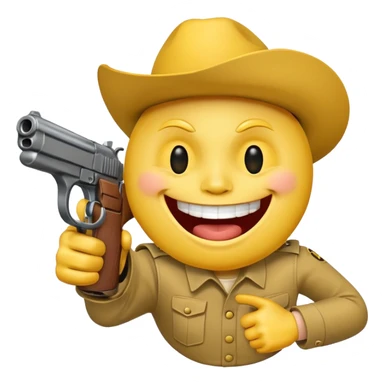 Yellow laughing face pointing gun at its own mount. The barrel of the gun is pointed towards the smile into the mouth sticker