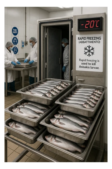 a fish processing facility where freshly caught fish are placed on trays and moved into a large industrial freezer. A temperature gauge shows -20°C, and an educational label explains that rapid freezing (abbattimento) is used to kill Anisakis larvae. The background includes workers in protective clothing and clear signage about food safety. sticker