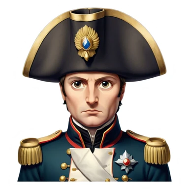 Cinematic Realistic Napoleon Bonaparte Portrait Emoji, depicted as a commanding military leader with a determined gaze and iconic bicorne hat, rendered with dramatic textures and bold historical lighting that captures his imperial legacy. sticker
