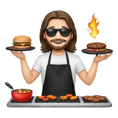 long hair man grilling wearing shade smiling in a white tshirt and a black apron grilling burger and meat on a sizzling grill sticker
