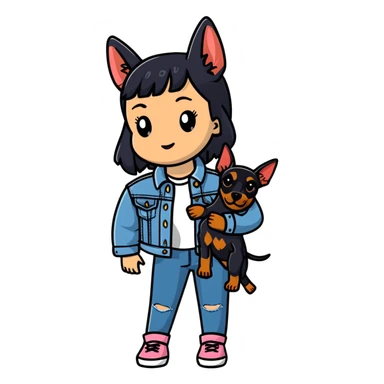 girl wearing denim jacket holding a Doberman sticker