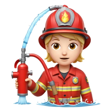 A 3D Apple-style emoji character dressed as a firefighter in a bright red uniform and helmet, holding a fire hose spraying water forward, determined expression with cartoonish eyes, water splashing effect, clean minimal background sticker