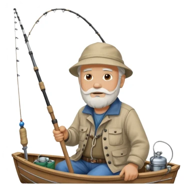 an old white haired, bearded man in fisherman attire, sat in a big boat on a calm sea, holding one fishing rod in one hand, with the end of the fishing line touching the water sticker