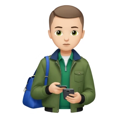 a boy looking at his phone brunnet short buzzcut green jacket blue bag black pants brunnet boy sticker
