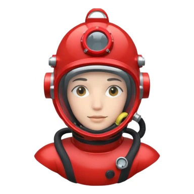 wearing a red scuba diving helmet with glass visor sticker