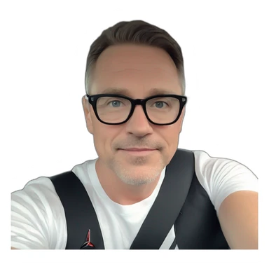 middle-age-lean-white-man,no-facial-hair,-with-black-hair-&-glasses-wearing-black-Tesla-T-shirt,-inside-black-tesla-model-3, at the wheel, front view sticker
