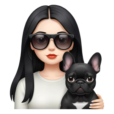 girl with long black  straight hair  and Wearing sunglasses and a black French bulldog sticker