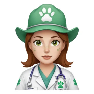 Pale Woman with brown hair and green eyes and freckles on her cheek bones wearing scrubs that have a paw print logo on only the scrubs  and a cow girl hat sticker