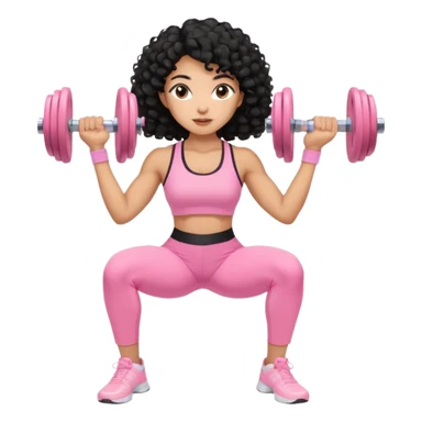 Mixed-race woman with caramel skin, black curly hair, wearing pastel pink sportswear, lifting soft beige dumbbells sticker