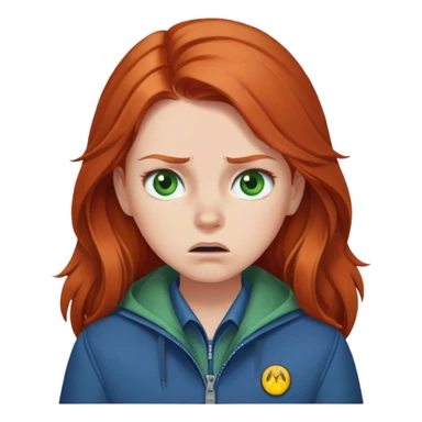 Redhead girl with long hair, green eyes, blue jacket, upset expression sticker