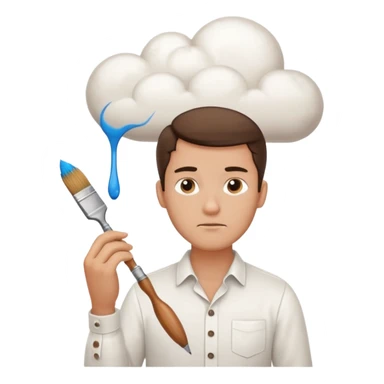 a man in a white buttoned shirt with a thinking cloud picturing a brush sticker