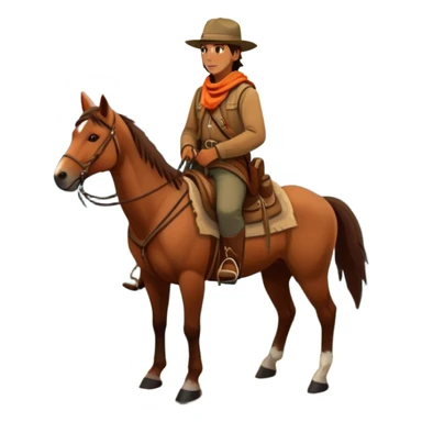 An icon featuring a vast wilderness landscape with a lone adventurer on horseback, symbolizing the adventure genre. The background shows rugged mountains, forests and a setting sun, evoking the spirit of exploration and survival. transparent background. sticker