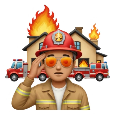 a man stands with his hands on his head, a house on fire behind him, with fire trucks arriving, apple style emoji sticker