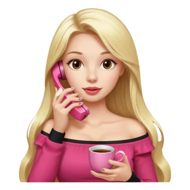 exaggerated features of woman with straight long blond hair, gossiping on a pink analogue phone, holding a tea cup, wearing an off-shoulder black top, red face sticker