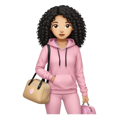 Mixed-race athletic woman with caramel skin, and long black curly hair wearing baby pink hoodie and leggings, carrying a beige gym bag sticker