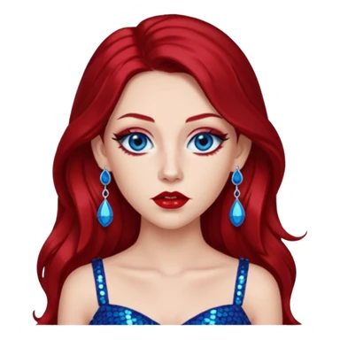 Chappell Roan (b.1998) with long dark red hair, red sequin crop top, red earring, blue eye, makeup sticker