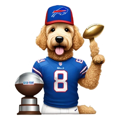 Golden doodle wearing a buffalo bills cap and holding up the Super Bowl trophy  sticker