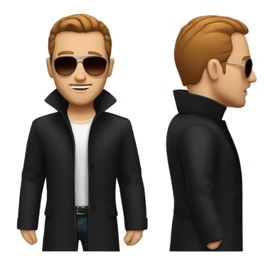 A white dude with red slicked back hair, sunglasses, red chin facial hair no mustache and a black trench coat sticker