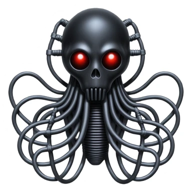 network of dark black wires and tubes forming a surreal occult creature, wrapped in black rags and bondage, Giger-inspired sticker