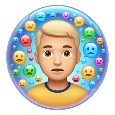 Realistic emoji-style man trapped inside a glowing filter bubble. The bubble contains identical social media icons and repeating content symbols. Outside the bubble are colorful diverse icons he cannot see. The man looks comfortable but unaware, expressing narrow perspective. sticker