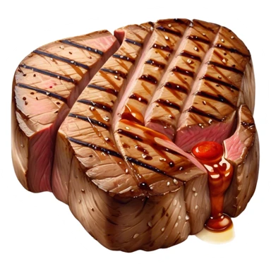Cinematic thick-cut scotch fillet steak, perfectly seared with grill marks, a grilled center, rich and savory, warm glow, sizzling and mouthwatering, highly detailed and appetizing. sticker