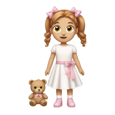 Little Girl with White skin, blue eyes. Light brown and red hair in two ponytails, with light pink bows.  She is wearing a light pink and White dress, standing and holding a teddybear with a pink bow. sticker