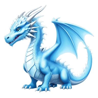 Cinematic Noble wise elegant Ice Dragon full body  Emoji, Poised and imposing, distinct long elegant snout, with a slender, scaled body shimmering in glacial hues of icy blue, frostbitten silver, and crystalline white, breathing out frost, with piercing, glowing ice blue white eyes that radiate the chilling depths of an arctic storm; rendered in detail. excuding wisdom sticker