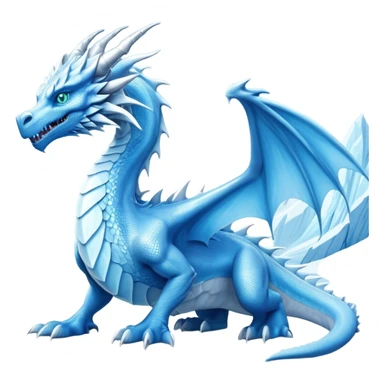 Cinematic Noble wise elegant Ice Dragon full body  Emoji, Poised and imposing, distinct long elegant snout, with a slender, scaled body shimmering in glacial hues of icy blue, frostbitten silver, and crystalline white, breathing out frost, with piercing, glowing ice blue white eyes that radiate the chilling depths of an arctic storm; rendered in detail. excuding wisdom sticker