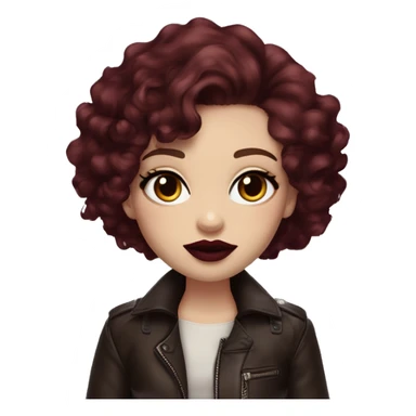 Girl with very pale skin, maroon curly short hair with a side part, heavy cat-eye makeup, long eyelashes, dark maroon blush and lipstick.  Her eyebrows are dark, arched and very high.  Hazel eyes. Big lips. Thin. Wearing a leather jacket  sticker