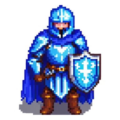 pixel art knight with blue cape, gray iron sword, blue metallic shield sticker