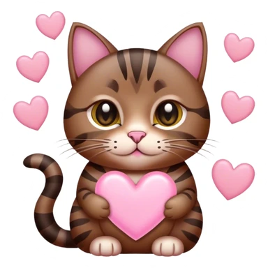 Dark brown tabby cat with multiple light pink hearts around it sticker