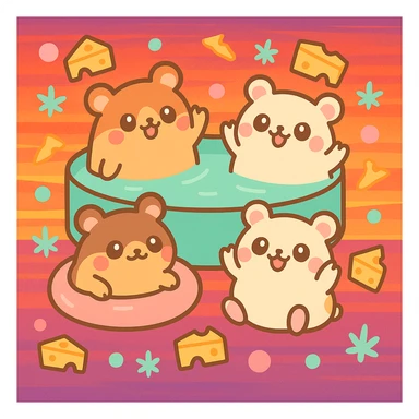 Add a vibrant sunset background with warm orange, pink, and purple tones behind the pool party scene. Maintain the kawaii style with a nostalgic, fun, and inviting summer party vibe, including THC/weed/cheese theme elements. sticker