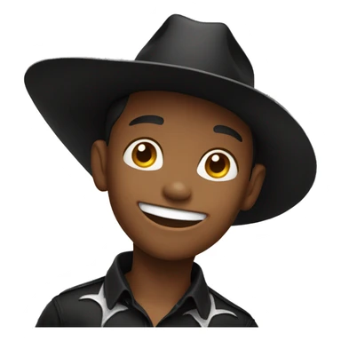smiling boy in black shirt with cowboy hat sticker