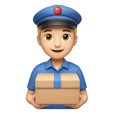 3D Apple-style emoji of a delivery worker holding a cardboard package. Wearing a cap and uniform shirt, smiling expression. Rounded, glossy, smooth, soft shadows, white background.




 sticker