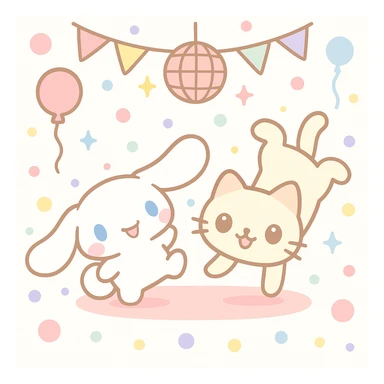 Cinnamoroll and a cat breakdancing at a party, kawaii style, playful, fun atmosphere, party decorations sticker