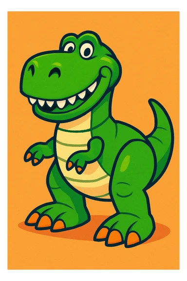 fun animated style dinosaur toy with a friendly smile, inspired by Toy Story sticker