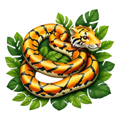 Tiger python coiled up on the ground, blending with the dense jungle foliage. Its distinct orange and black stripes stand out against the vibrant green of leaves and plants. Sunlight filters through the trees, highlighting the snake's patterned scales. Transparent background. sticker