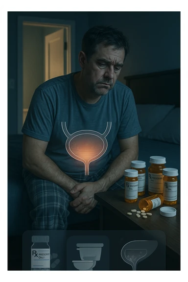 A middle-aged man sits on the edge of his bed in a dimly lit bedroom, looking exhausted and frustrated. On the nightstand beside him are several prescription pill bottles, loosely organized, some open — suggesting long-term medication use. In the background, the bathroom door glows softly, partially open, with a faint reflection of the toilet visible, indicating frequent nighttime trips. The man wears a loose T-shirt and pajama pants, his posture slightly curved as he gently touches his lower abdomen, symbolizing bladder discomfort. His eyes have dark circles, his expression is drained. The color palette is muted blues and greys, with a cinematic soft focus and ambient light highlighting emotional fatigue. A subtle overlay of pill labels and bladder imagery could be added for educational use. sticker