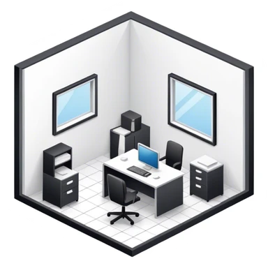An isometric 3D room with two white walls that meet at the back left and right and a single Window. Black and White Office Room with a single desk sticker