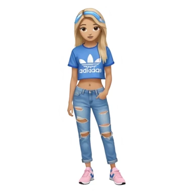 preppy teenage girl, tan, blonde highlights, brown long hair, long eyelashes, beach aesthetic, wearing cute clothes, sexy, wearing ripped blue long baggy jeans with a light pink revealing crop top, wearing Somba Adidas sticker