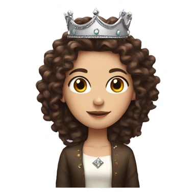 White girl with dark brown long curly hair wearing a crown sticker
