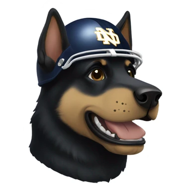 Black German shepherd wearing a notre dame football helmet  sticker