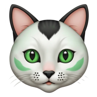 Haz una gata de ojos verdes la cara blanca con mancha negra en las orejas que agarra parte de la frente del lado der pero del iz va desde el ojo hasta la oreja la mancha, tiene la nariz negra en forma de corazón y todo lo que sobra de la cara, barbilla la nariz arriba y el lado de bigotes es blanca sticker
