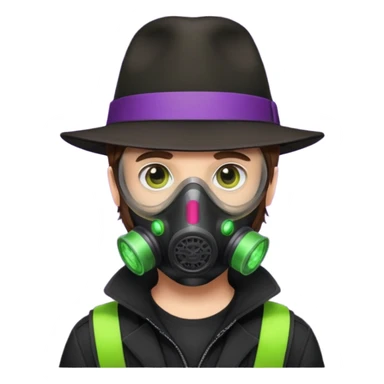 Male Hacker with a fedora with brown hair wearing a gasmask. Color scheme is black, lime-green and purple sticker