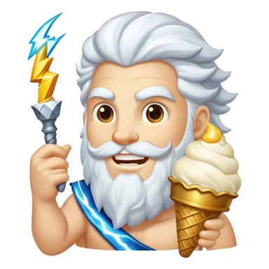 smiling Zeus with white ice cream and lightning bolt sticker